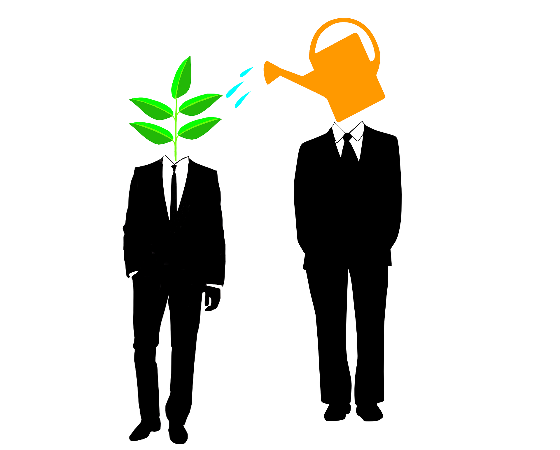 A cartoon image of two men walking in suits. One person's head is a bucket of water, watering the other person's head which is a plant growing. It symbolizes a mentor and a mentee