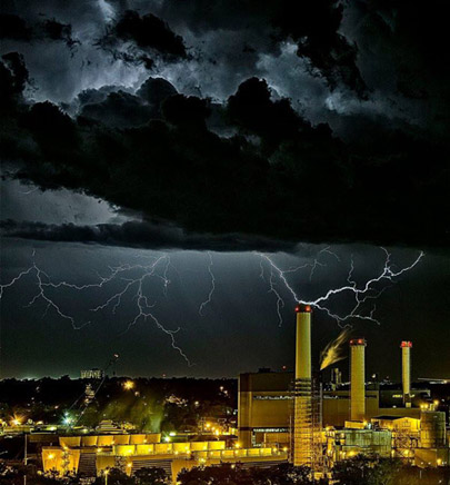 Lightning over cityscape.