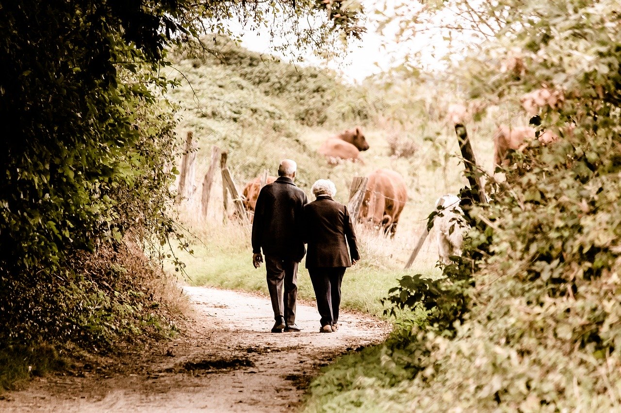 elderly couple walking on path