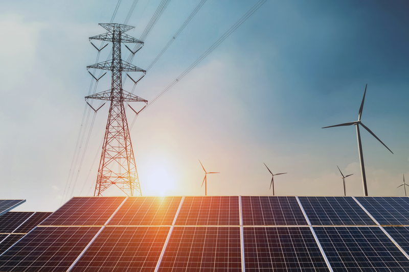 solar panels and wind turbines set up