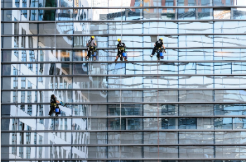 Men strapped in harnesses cleaning the windows of a large building