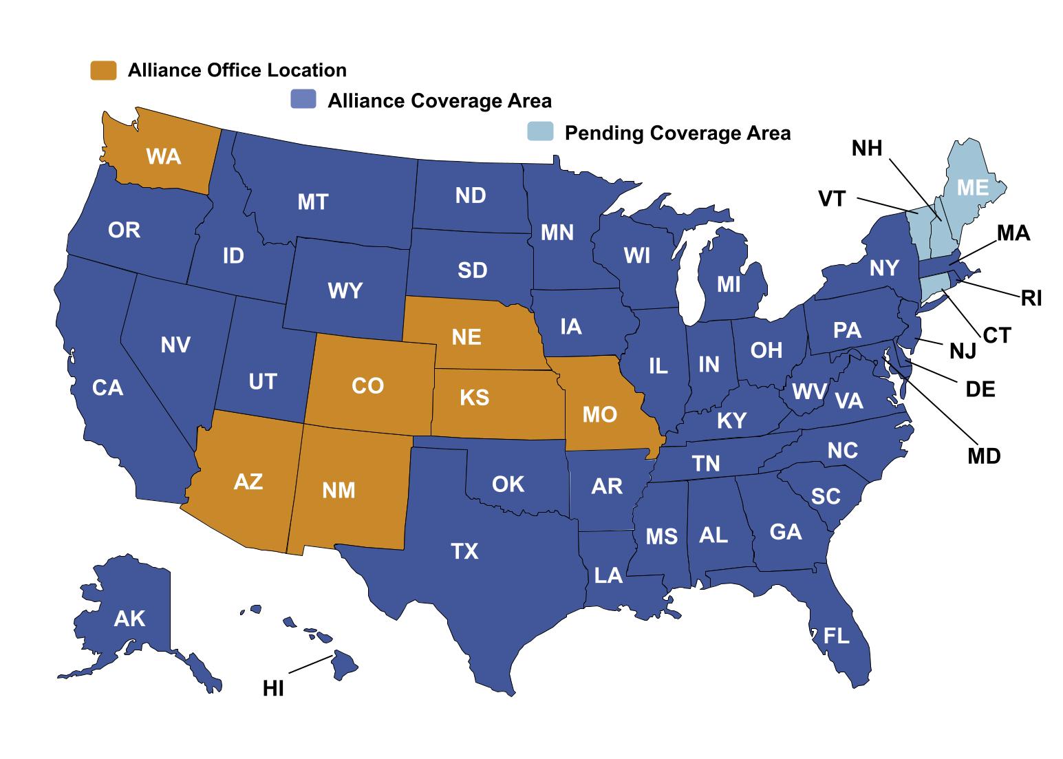 United States map displaying the states where Alliance is licensed. This includes all states except for Vermont, New Hampshire, Maine, and Connecticut.