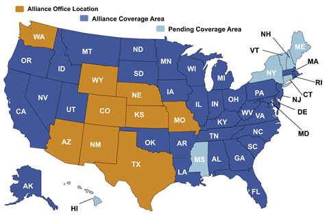 United States map that depicts the states where Alliance Insurance Group has an office, is licensed, or is awaiting coverage.